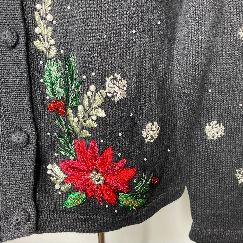 Victoria Jones Vintage Black Poinsettia Beaded Embroidered Cardigan Sweater
